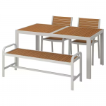 Table+2 chaises+banc, ext, brun clair/gris clair, 156x90 cm